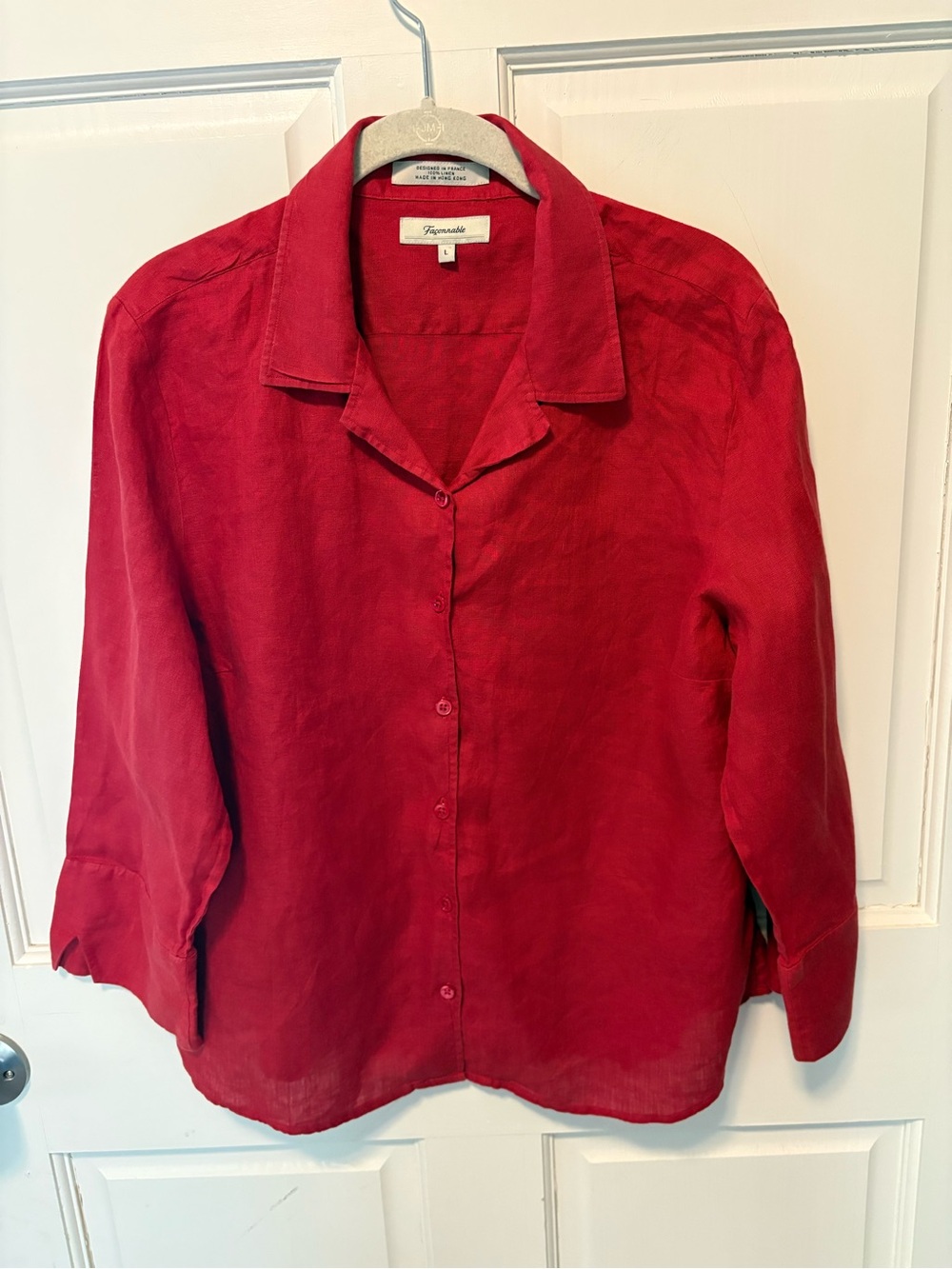 Faconnable red 100% linen vintage blouse classic button up shirt top l large